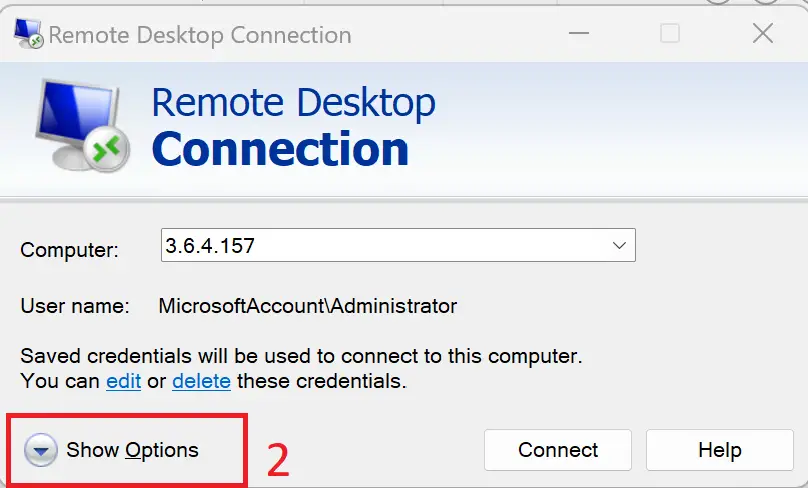 (Remote desktop > Show Option > Display tab)