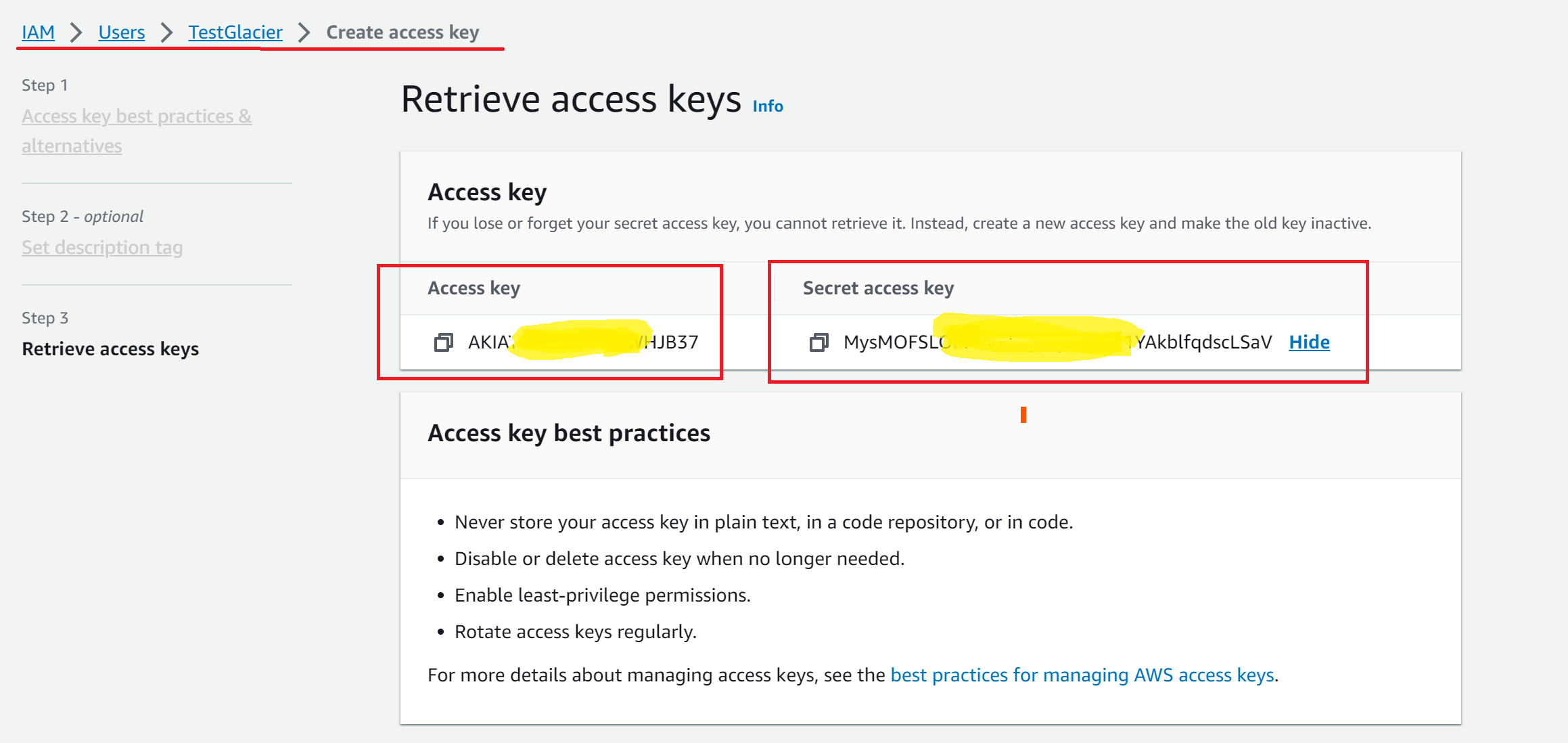 Create user and access key, secret key